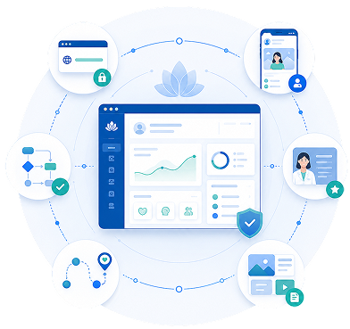 Branded care dashboard connected to participant portals, practitioner profiles, workflows, and resources